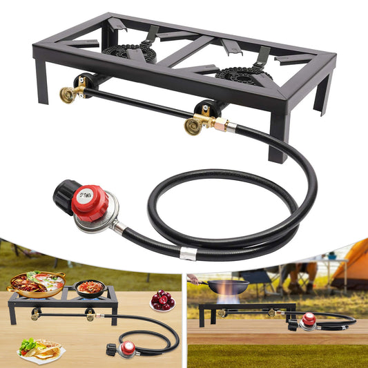 Portable Single or Double Burner, Outdoor Propane Gas Stove w/ Adjustable Regulator & Hose