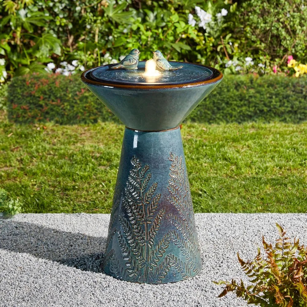 Bird Bath, Water Fountain with LED Light and Pump, Turquoise Ceramic Pedestal