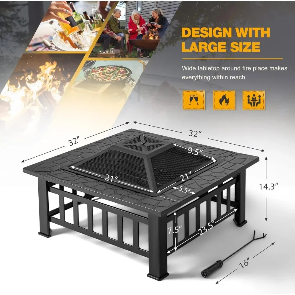Outdoor Fire Pit, 32 Inch Metal Table w/ Waterproof Cover