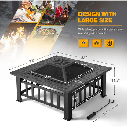 Outdoor Fire Pit, 32 Inch Metal Table w/ Waterproof Cover