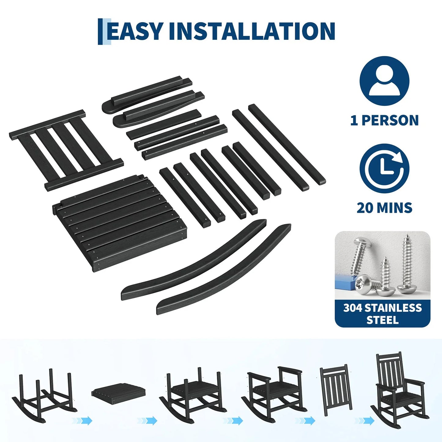 High-Back Adirondack Porch Rockers, 2- Chairs Set w/ Side Table