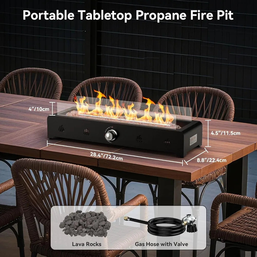 Tabletop Fire Pit 28" Propane Gas, Bottom Mounted for Table with Umbrella Hole, Glass Wind Guard