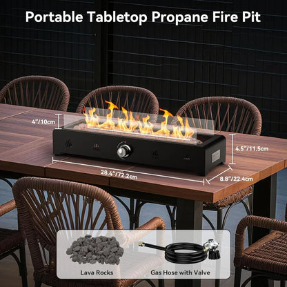 Tabletop Fire Pit 28" Propane Gas, Bottom Mounted for Table with Umbrella Hole, Glass Wind Guard