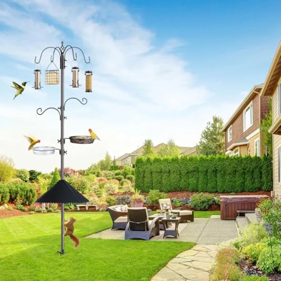 Bird Feeding Station Kit, 94 inch Adjustable Stand Pole w/ 6-Hooks, Bird Bath, Curved Mesh Tray Squirrel Baffle
