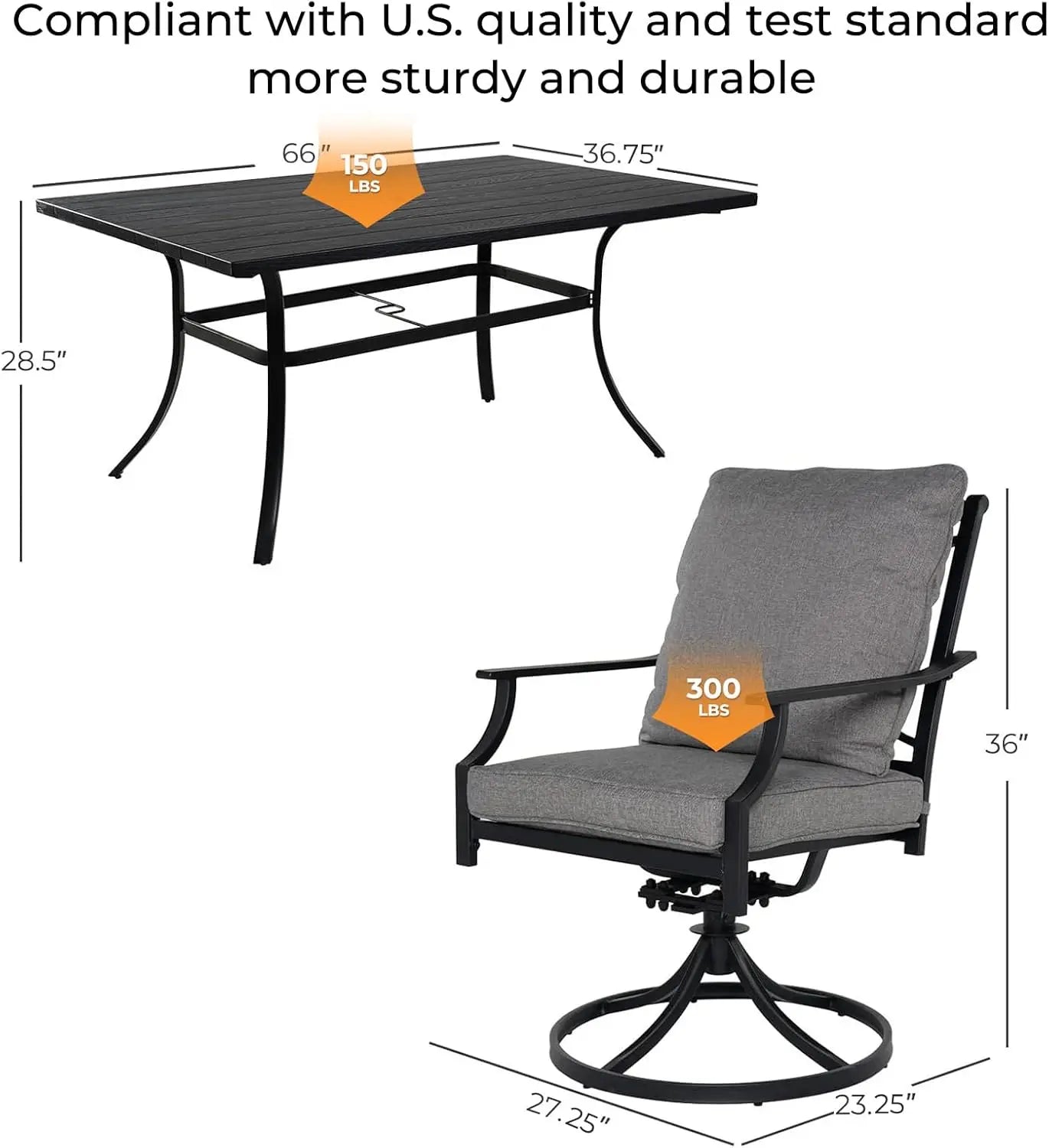 Patio Dining Set, 6 Swivel Chairs w/ Cushions, & Black Rectangular Faux Woodgrain Table