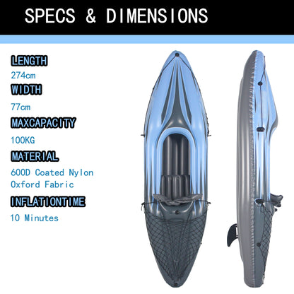 Inflatable Kayak Fishing Boat, 1 Person Adult Blue Canoe, with Paddles, Bag, Seats, High-Output Pump, Fin