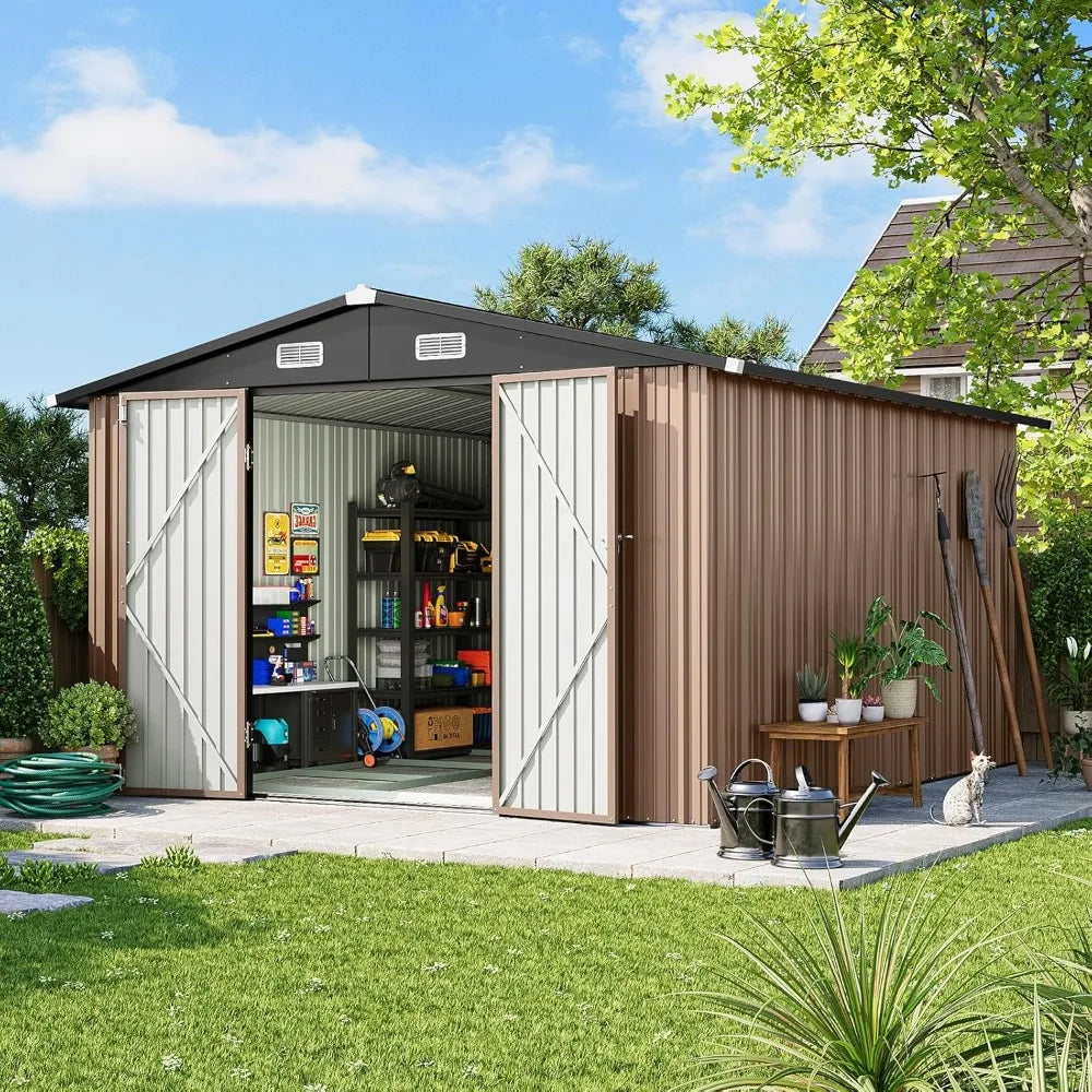 Outdoor Storage Shed 10x12 with Floor Foundation & Lockable Double Doors, Galvanized Steel Shed