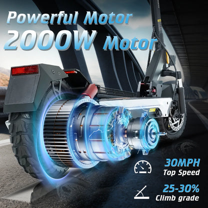 Electric Scooter, 2000W Motor, 48V 20.8Ah Battery, 40 Miles Range, Dual Disc Brakes, 10" Tires, Foldable