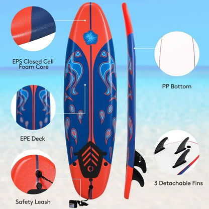 Surfboard 6 feet, Surf Beach, Foamier Board w/ Removable Fins