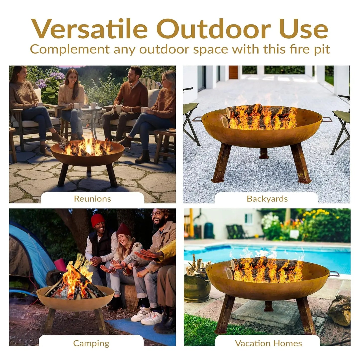Cast Iron Heavy-Duty 30-Inch Fire Pit for - Wood-Burning Outdoor Bowl w/ Handles