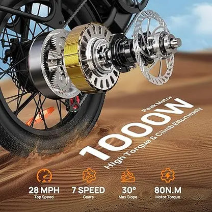 Electric Bike, 1000W, 48V 13Ah, Removable Battery, 20MPH, 20''X3" Fat Tire, 7-Speed, w/ Dual Disc Brake