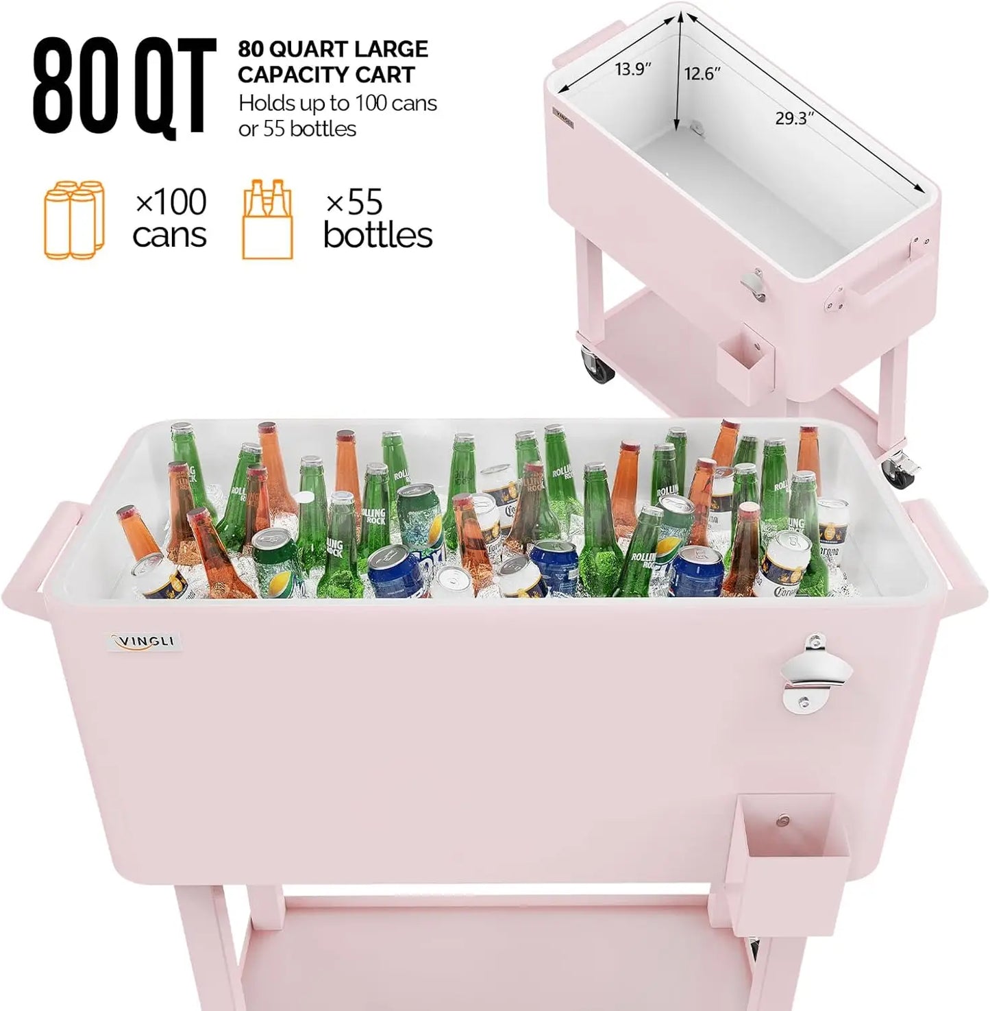 Rolling Ice Chest, 80 Quart, Patio Bar Drink Cooler Cart, w/ Shelf & Bottle Opener