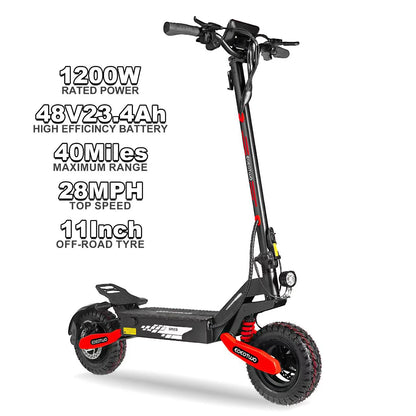 Off Road 1200W Electric Scooter for Adults, 48V Long Range E-Scooter, 30MPH Fast Speed, 11" Tubeless Tire, Foldable, Kick Stand