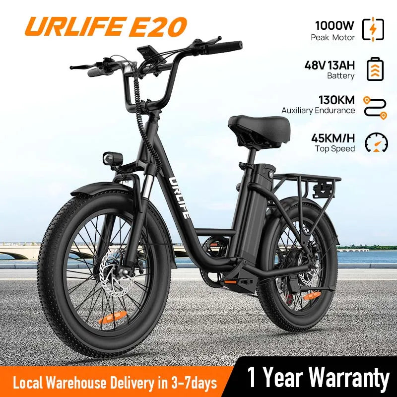 Electric Bike, 1000W, 48V 13Ah, Removable Battery, 20MPH, 20''X3" Fat Tire, 7-Speed, w/ Dual Disc Brake