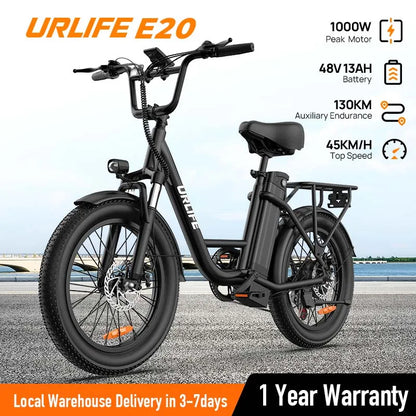 Electric Bike, 1000W, 48V 13Ah, Removable Battery, 20MPH, 20''X3" Fat Tire, 7-Speed, w/ Dual Disc Brake