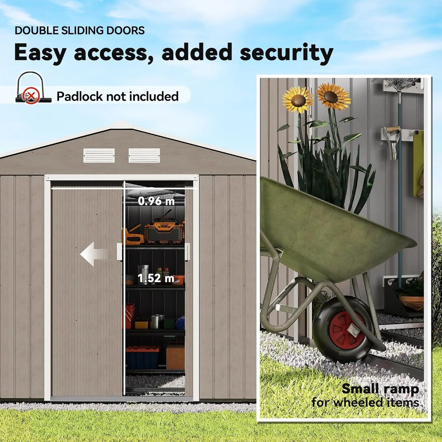 Metal Outdoor Storage 9x6 FT, Tool House Double Lockable Door, Air Vents Sloping Roof Backyard