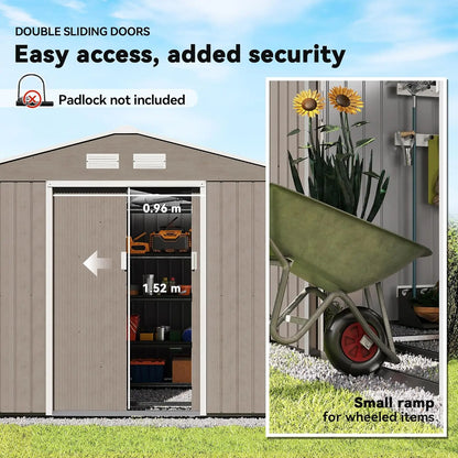 Metal Outdoor Storage 9x6 FT, Tool House Double Lockable Door, Air Vents Sloping Roof Backyard