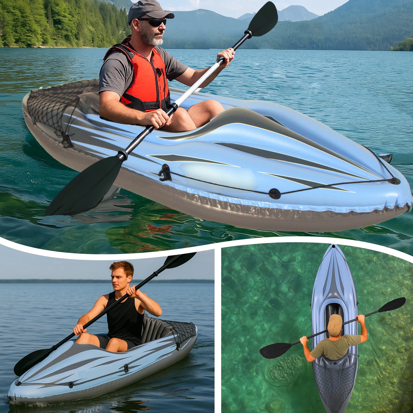 Inflatable Kayak Fishing Boat, 1 Person Adult Blue Canoe, with Paddles, Bag, Seats, High-Output Pump, Fin