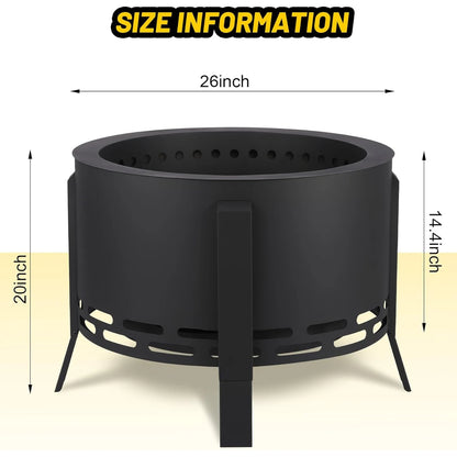 Smokeless Firepit, Low Smoke, Outdoor 26 Inch Pit w/ Folding Feet, Multi-Fuel Wood Pellets