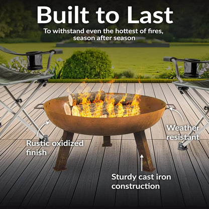 Cast Iron Heavy-Duty 30-Inch Fire Pit for - Wood-Burning Outdoor Bowl w/ Handles