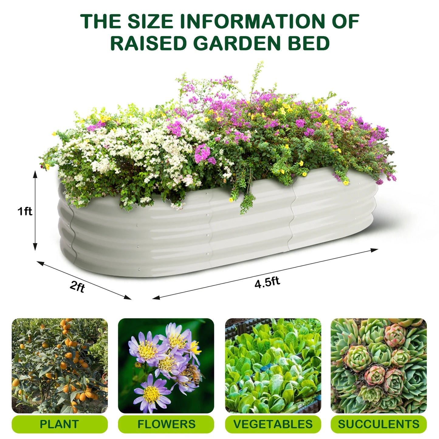 Oval Raised Garden Bed, 2 Pcs 4.5x2x1ft, Galvanized Metal, Open-Ended Base, Outdoor Planters