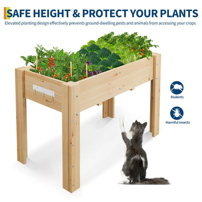 Durable Elevated Wooden Garden Bed w/ Legs & Hooks, Planter Box w/ Liner & Drainage Holes, Vegetables, Flowers & Herbs