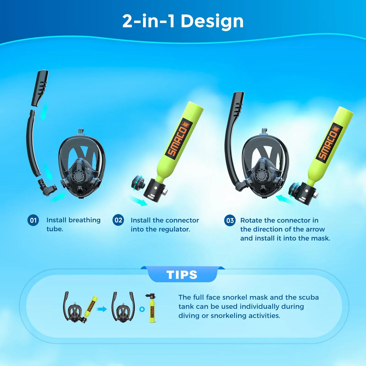 Mini Scuba Tank w/ Snorkel Mask, 0.5L Portable Small Diving Tank, Full Face Diving Mask,