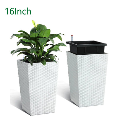 Outdoor Planters, 16" Tall Flowers Pots, Set of 2 w/ Tray, Wicker Design w/ Water Level Indicator, Indoor/Outdoor