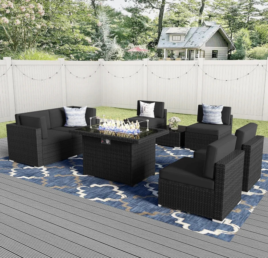 Patio Furniture 8 Pcs Set w/ Propane Gas Fire Pit Table, Sectional Wicker Sofa w/ Table
