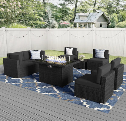 Patio Furniture 8 Pcs Set w/ Propane Gas Fire Pit Table, Sectional Wicker Sofa w/ Table