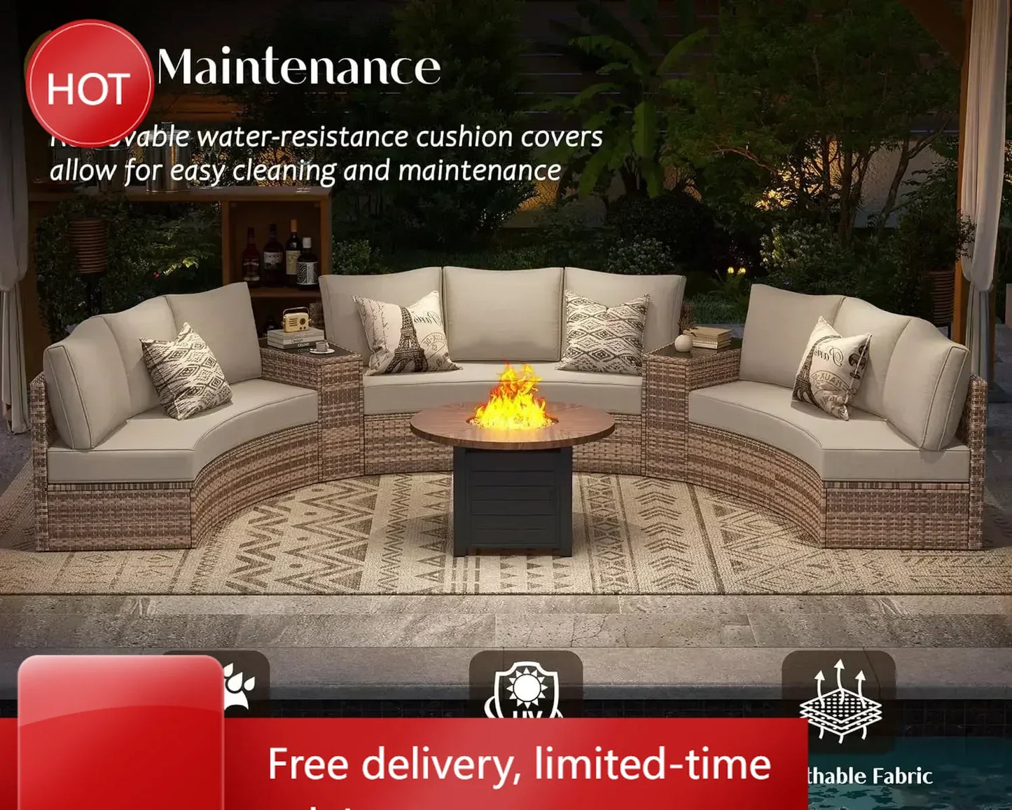 Patio Set,11 Piece Half-Moon Round Sectional Furniture Set w/ Storage Wedge & Table