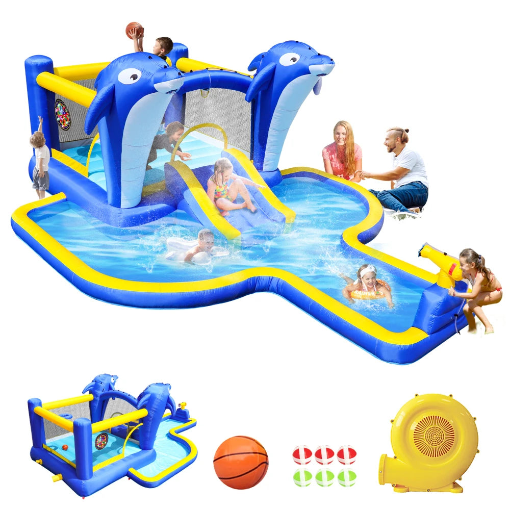 Inflatable Water Slide, Trampoline, Bounce House with  Dolphin Sprinkler