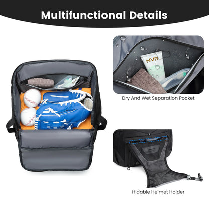 Baseball or Softball Equipment Bag, Backpack with Shoe Compartment, Bat Holders