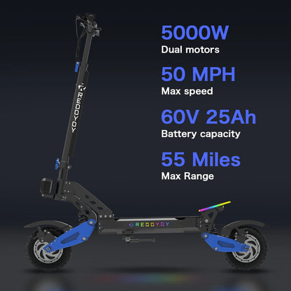 Electric Offroad Scooter, 50 MPH Max speed, 60V 25Ah, 55-Mile Range, 10.5" Off-Road Tires,