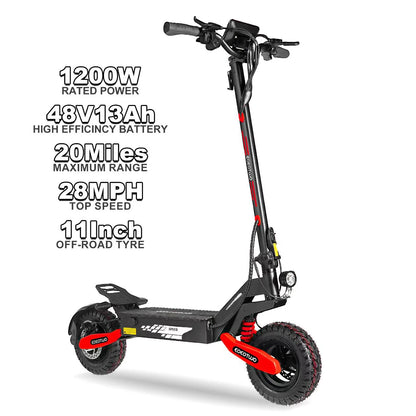 Off Road 1200W Electric Scooter for Adults, 48V Long Range E-Scooter, 30MPH Fast Speed, 11" Tubeless Tire, Foldable, Kick Stand
