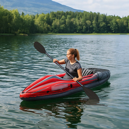 Inflatable Kayak Fishing Boat, 1 Adult Person, Red Canoe, w/ Paddles, Bag, Seats, High-Output Pump,