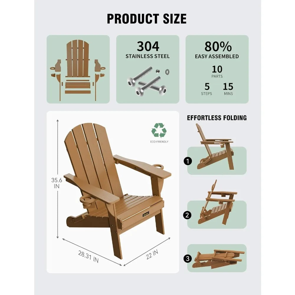 Folding Adirondack Chair Set of 4, Wood Textured Plastic w/ Cup Holders