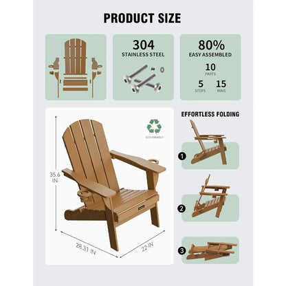 Folding Adirondack Chair Set of 4, Wood Textured Plastic w/ Cup Holders