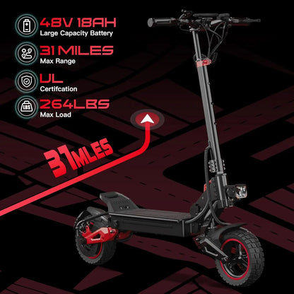 Electric Scooter, 1600W Motor, Top Speed 32MPH, 48V18AH, 11-inch Off-Road Tires, Adult Sport Folding EScooter w/ Seat