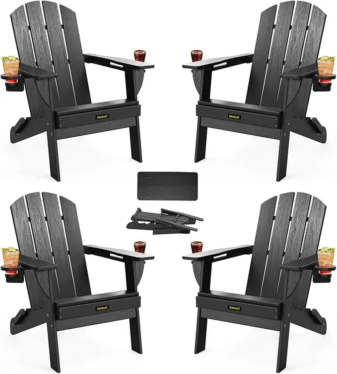 Folding Adirondack Chair Set of 4, Wood Textured Plastic w/ Cup Holders