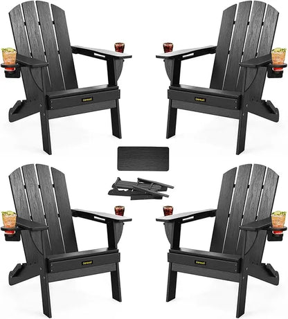 Folding Adirondack Chair Set of 4, Wood Textured Plastic w/ Cup Holders