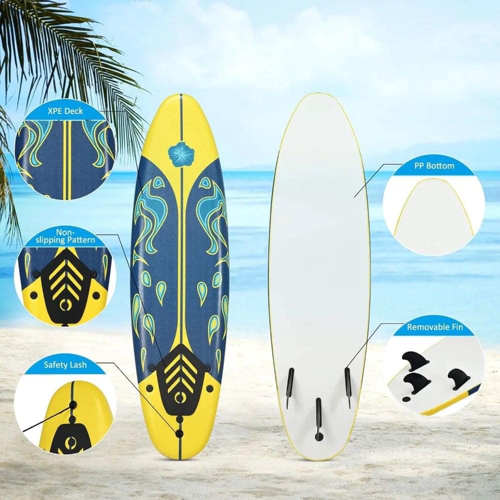 Surfboard, 6' Body Board w/ Removable Fins & Protective Leash, Non-Slip Surf Board