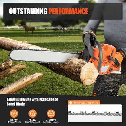 Gas Chainsaw 72CC 3900W, 2-Stroke, 24-Inch 2800rpm, Handheld Orange Chain Saw