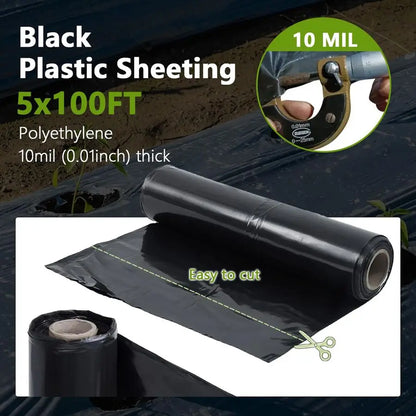 Plastic Sheeting Roll, 10 Mil, 5x100 FT. Heavy Duty Black Polyethylene Film, Tarp, Drop Cloth, Weed Barrier