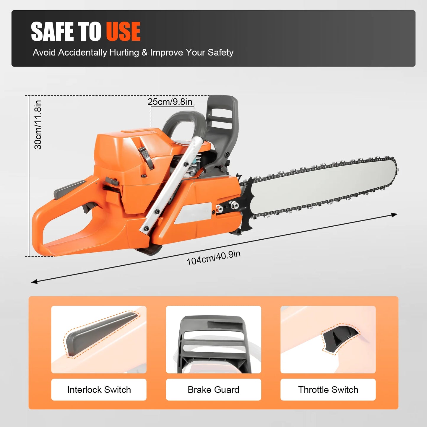 Gas Chainsaw 72CC 3900W, 2-Stroke, 24-Inch 2800rpm, Handheld Orange Chain Saw