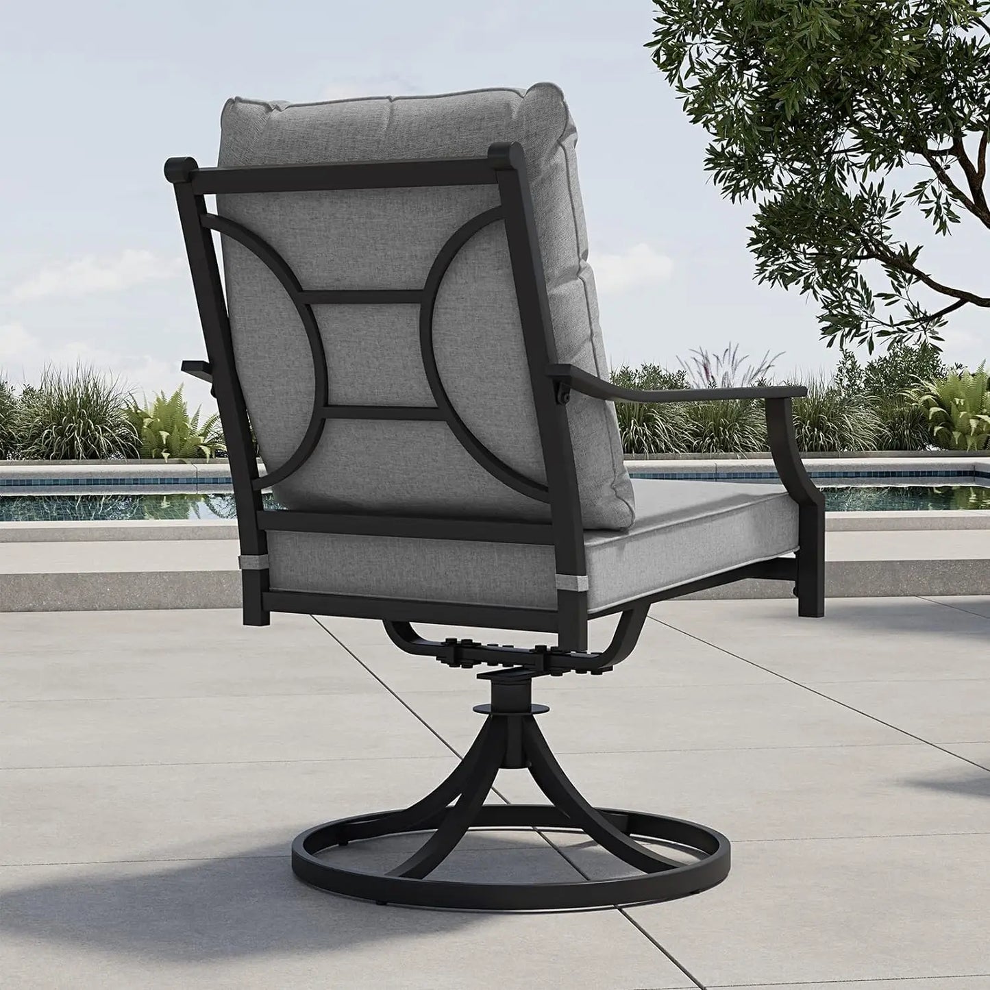 Patio Dining Set, 6 Swivel Chairs w/ Cushions, & Black Rectangular Faux Woodgrain Table