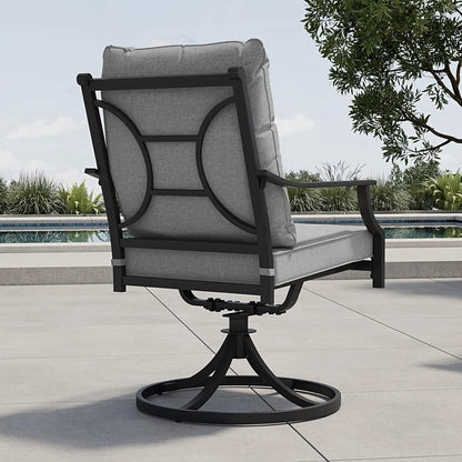 Patio Dining Set, 6 Swivel Chairs w/ Cushions, & Black Rectangular Faux Woodgrain Table