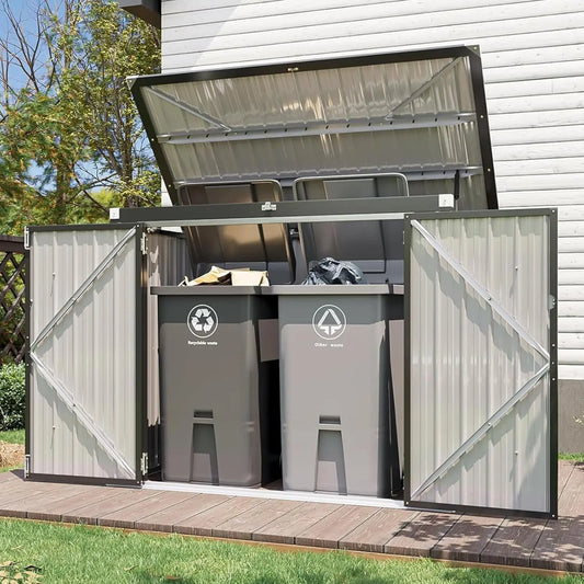 Metal Outdoor Storage Shed 80 cu.ft  with Chain Lid, Waterproof  for 2-bin Garbage Can Organizer