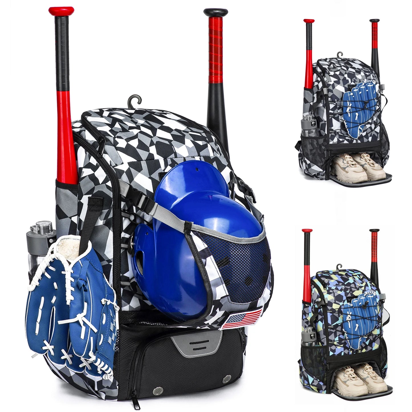 Baseball or Softball Equipment Bag, Backpack with Shoe Compartment, Bat Holders