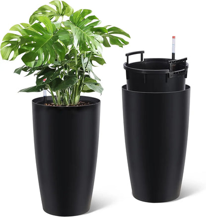 1-Pair,Black Self-Watering Planters – 16" Tall Round Flower Plant Pots, Water Level Gauge